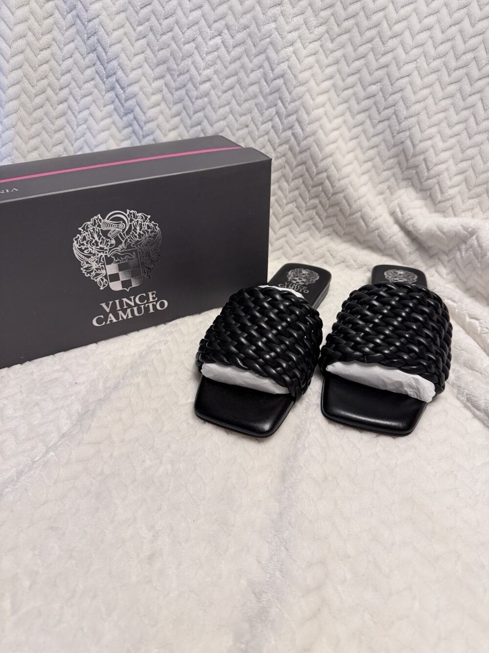 Vince Camuto Leather Quilted Slide Sandals Arissa Black 8.5 M